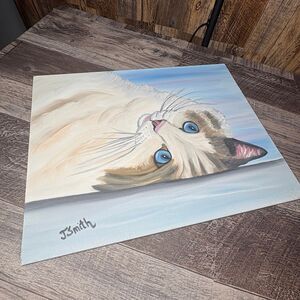 Hand-Painted Cat Portrait on Canvas — Blue-Eyed Ragdoll Style — Signed “J. Smith